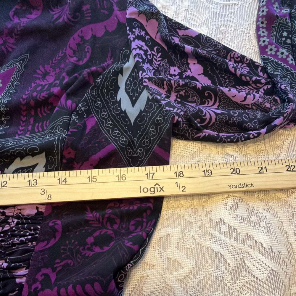 Purple Paisley Black Whimsigoth Ruched V-Neck Moody Dress. 12 Meas In Pics. - Picture 4 of 8
